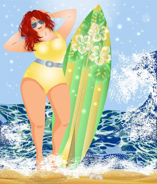 Size Sexy Mädchen Mit Surfbrett Strand Sommerkarte Vektorillustration — Stockvektor