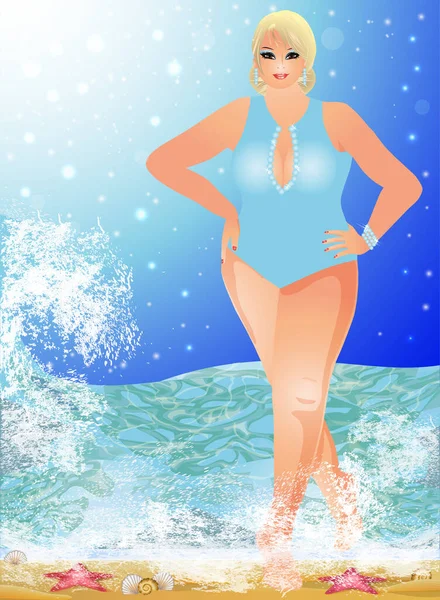 Size Blonde Girl Beach Summer Time Card Vector Illustration — Archivo Imágenes Vectoriales