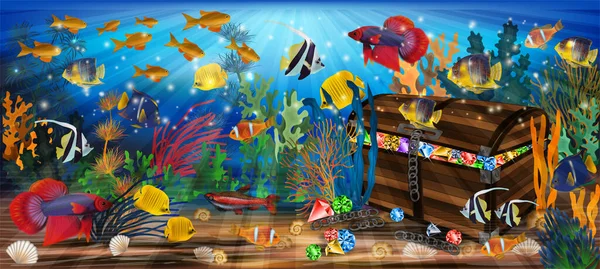 Underwater Background Treasure Chest Box Tropical Fish Vector Illustration — стоковый вектор