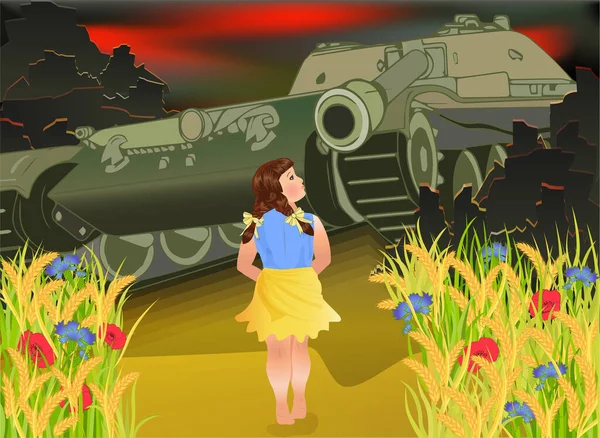 Stop War Card Little Girl Stops Military Tank Vector Illustration — Stock vektor