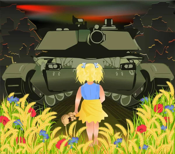 Stop War Little Girl Teddy Bear Stops Military Tank Vector — стоковый вектор