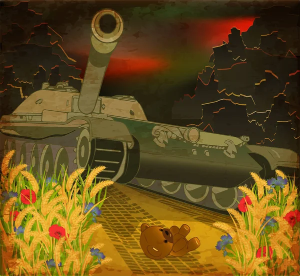 Stop War Background Teddy Bear Stops Military Tank Vector Illustration —  Vetores de Stock