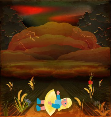 Savaş kartı yok, sarı ve mavi elbiseli bebek, vektör illüstrasyonu