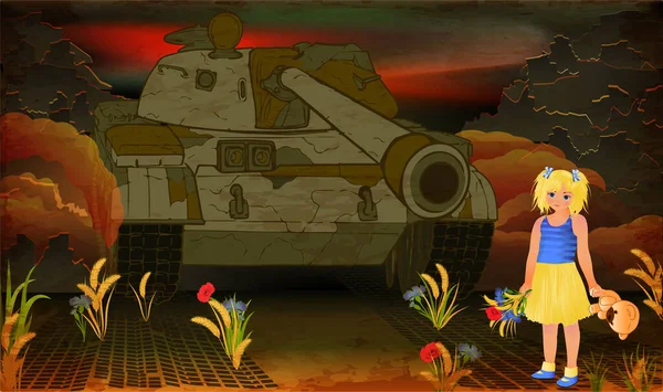 Stop War Little Girl Teddy Bear Flowers Stops Military Tank —  Vetores de Stock