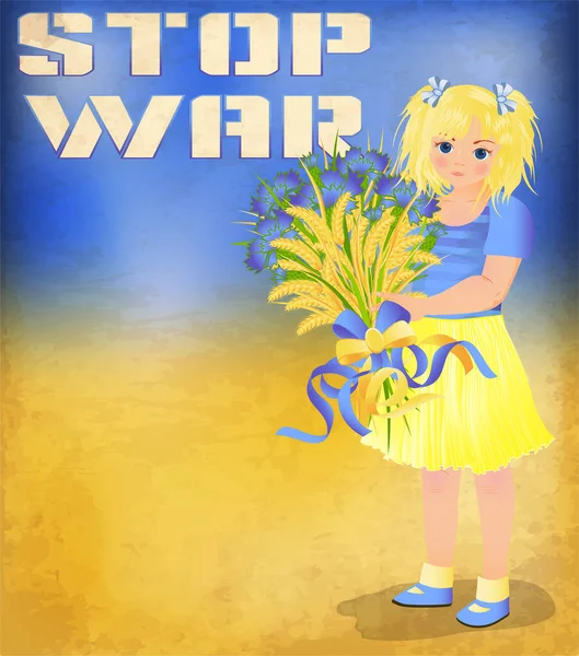 Stop War Poster Little Ukrainian Girl Flowers Wheat Vector Illustration — Stok Vektör