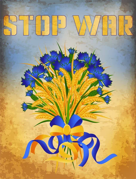 Stop War Card Buquê Flores Azuis Amarelas Com Trigo Ilustração —  Vetores de Stock