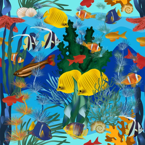Безшовний Підводний Візерунок Тропічною Рибою Векторна Ілюстрація — стоковий вектор