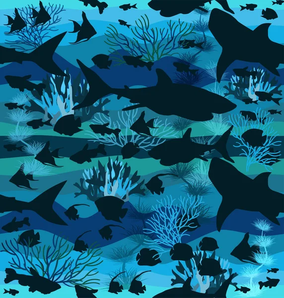 Kusursuz Desenli Köpekbalığı Tropikal Balıklı Altı Duvar Kağıdı Vektör Illüstrasyonu — Stok Vektör