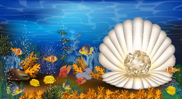 Underwater Banner Diamond Seashell Tropical Fish Vector Illustration — Stock Vector
