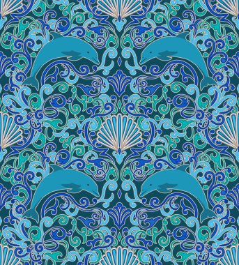 Yunus ve deniz kabuğu ile kusursuz sualtı deseni, vektör çizimi