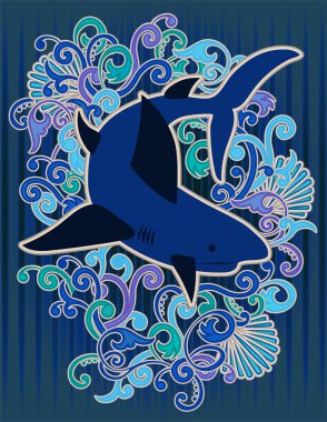 Köpekbalığı ve deniz kabuğu içeren sualtı kartı, vektör illüstrasyon