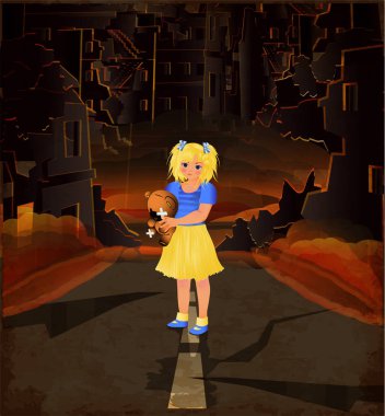 Savaş geçmişini durdur, oyuncak ayılı küçük kız harap olmuş bir şehir. vektör illüstrasyonu