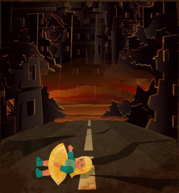 Savaş kartını durdur, harabe bir sokakta küçük bebek. vektör illüstrasyonu