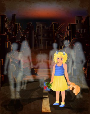 Savaşı durdurun. Çiçekli genç bir kız ve sokak ölülerinde oyuncak ayı. vektör illüstrasyonu