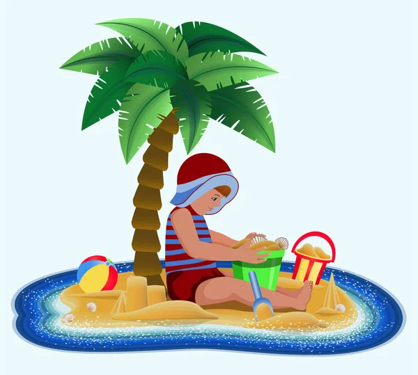 Heure Été Île Tropicale Avec Mignon Garçon Sur Plage Illustration — Image vectorielle