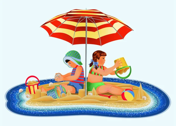 夏の時間カード ビーチで女の子と男の子と熱帯の島 ベクトルイラスト — ストックベクタ