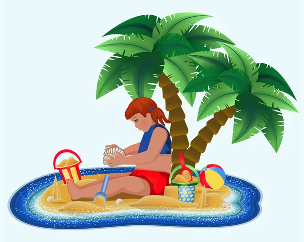 Summer Time Tropical Island Cute Little Girl Beach Vector Illustration — Stock Vector