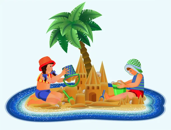 Літній Час Тропічний Острів Милою Маленькою Дівчинкою Хлопчиком Пляжі Векторні — стоковий вектор