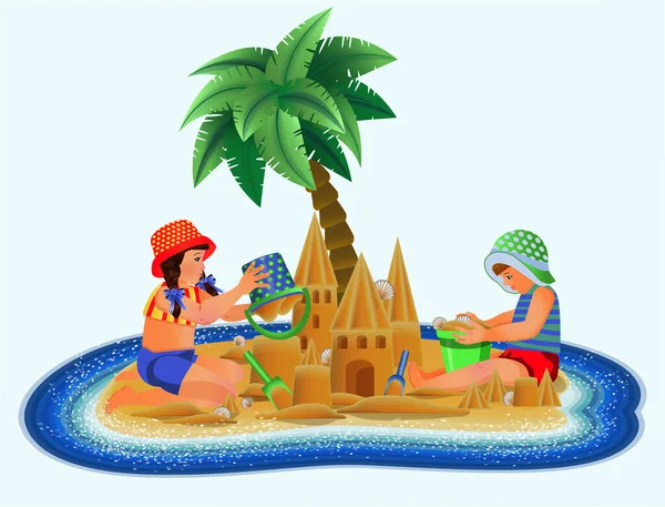 Estate Isola Tropicale Con Carina Bambina Ragazzo Sulla Spiaggia Illustrazione — Vettoriale Stock