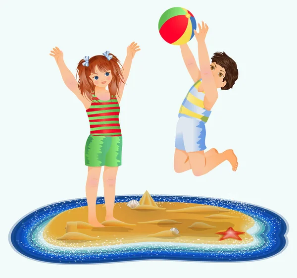 Summer Time Card Tropical Island Little Girl Boy Playing Beach — Stock Vector