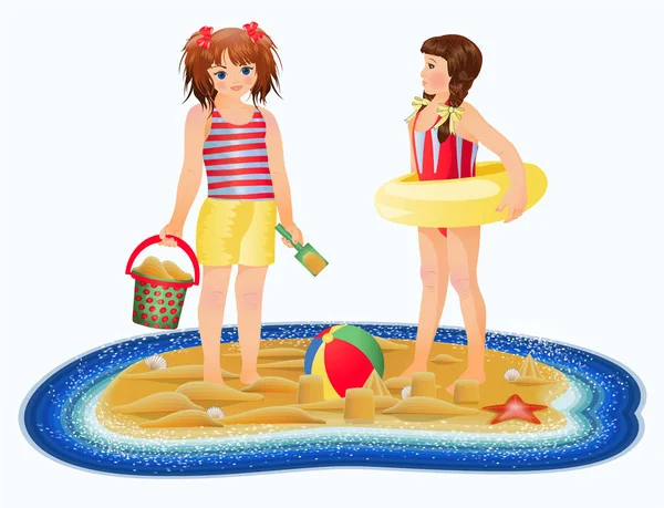 Tarjeta horaria de verano, niñas en la playa, ilustración vectorial — Vector de stock