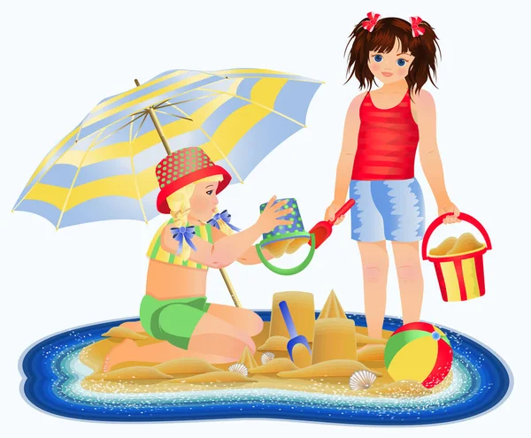 夏季时间卡 热带岛屿和海滩上的两个小女孩 病媒图解 — 图库矢量图片
