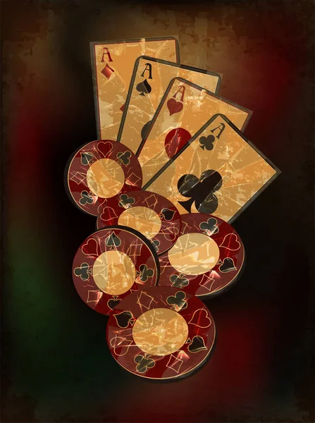 Vintage Casino Banner Mit Chip Und Pokerkarten Vektorillustration — Stockvektor