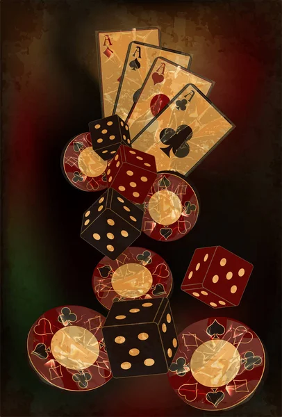 Latar Belakang Kasino Antik Dengan Kartu Dadu Chip Dan Poker - Stok Vektor