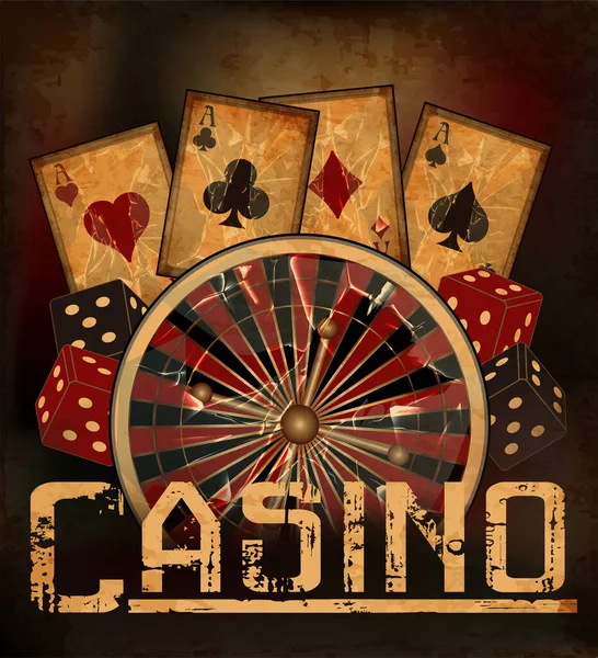 ルーレットとポーカーカード カジノの背景 ベクトルイラストとヴィンテージカジノの背景 — ストックベクタ