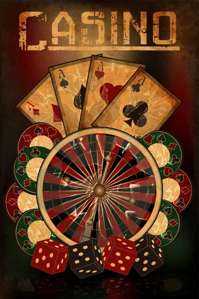 带有轮盘赌 骰子和扑克牌的老式赌场背景 矢量插图 — 图库矢量图片