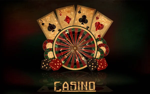 Bandiera Del Casinò Vintage Con Roulette Chip Dadi Carte Poker — Vettoriale Stock