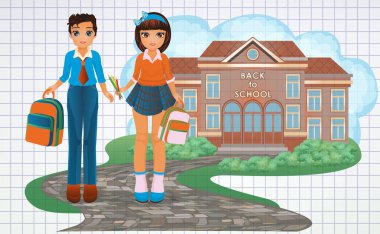 Okul kartına dönelim, okul üniformalı kız ve erkek. vektör illüstrasyonu