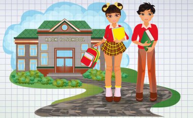 Okul kartına dönelim, okul üniformalı kız ve erkek arkadaşlar. vektör illüstrasyonu