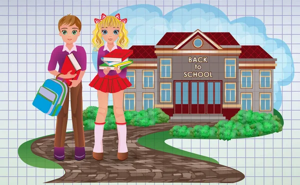 Повернутися Шкільної Картки Подруги Дівчини Хлопчика Дівчинки Шкільній Формі Векторна — стоковий вектор