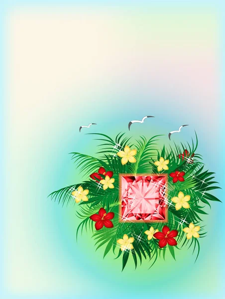 Temporada Cartão Verão Com Rubi Hibisco Folhas Tropicais Ilustração Vetorial — Vetor de Stock