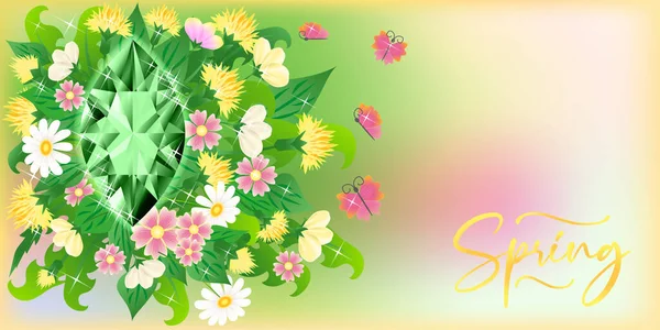 带有翡翠和花朵的季节春旗 矢量插图 — 图库矢量图片