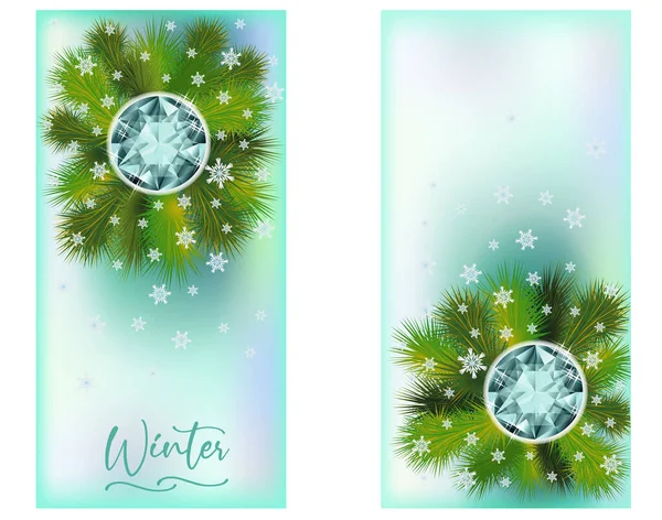 Season Winter Vertical Banners Diamond Snow Pine Branches Vector Illustration — Vetor de Stock