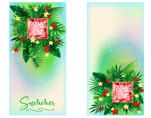 Season Summer Vertical Banners Diamond Ruby Tropical Leaves Flowers Vector — ストックベクタ