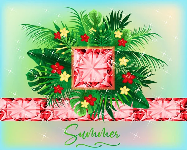 Season Summer Greeting Card Ruby Tropical Leaves Flowers Vector Illustration — 스톡 벡터