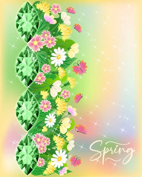 Season Spring Background Emerald Diamond Flowers Vector Illustration — Stockvektor