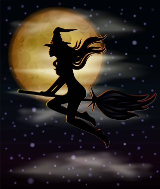 Mutlu Cadılar Bayramı tebrik kartları. Genç cadı ve ay, vektör çizimi.