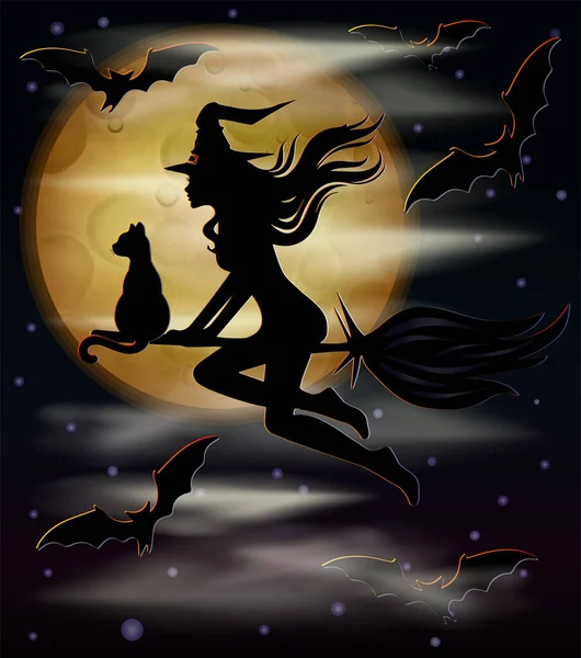 Feliz Tarjeta Vip Halloween Bruja Gato Negro Vectorilustración — Vector de stock