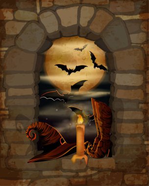 Happy Halloween background with witch hat and boots. vector illustration