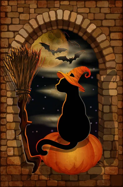Happy Halloween Background Pumpkin Broom Black Cat Witch Hat Vector — 图库矢量图片