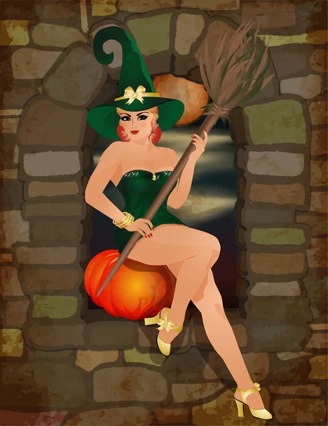 Happy Halloween Greeting Card Pumpkin Sexy Witch Vector Illustration — Vetor de Stock