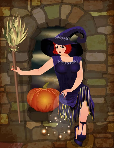 Happy Halloween Vip Card Pumpkin Witch Vector Illustration — Stok Vektör