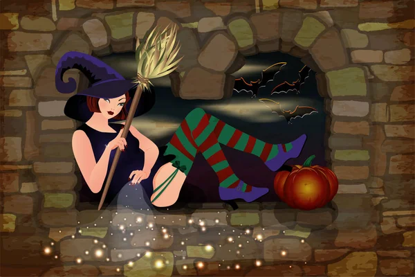 Gelukkige Halloween Uitnodigingskaart Met Pompoen Sensuele Heks Vectorillustratie — Stockvector