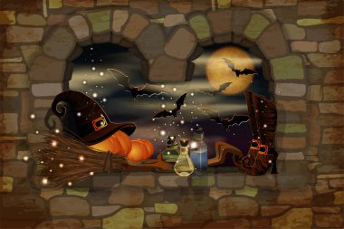 Büyülü cadı süpürgesiyle Cadılar Bayramınız kutlu olsun. vektör illüstrasyonu