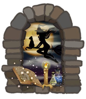 Mum ve cadı büyü kitabıyla Cadılar Bayramı kartın kutlu olsun. vektör illüstrasyonu