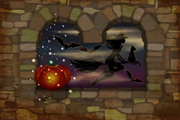 Feliz Cartão Vip Halloween Com Abóbora Mágica Bruxa Ilustração Vetorial — Vetor de Stock